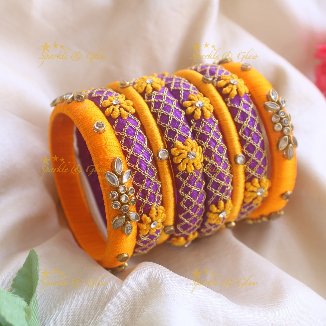 Elegant Floral design kundan Silk Thread Bridal Bangles