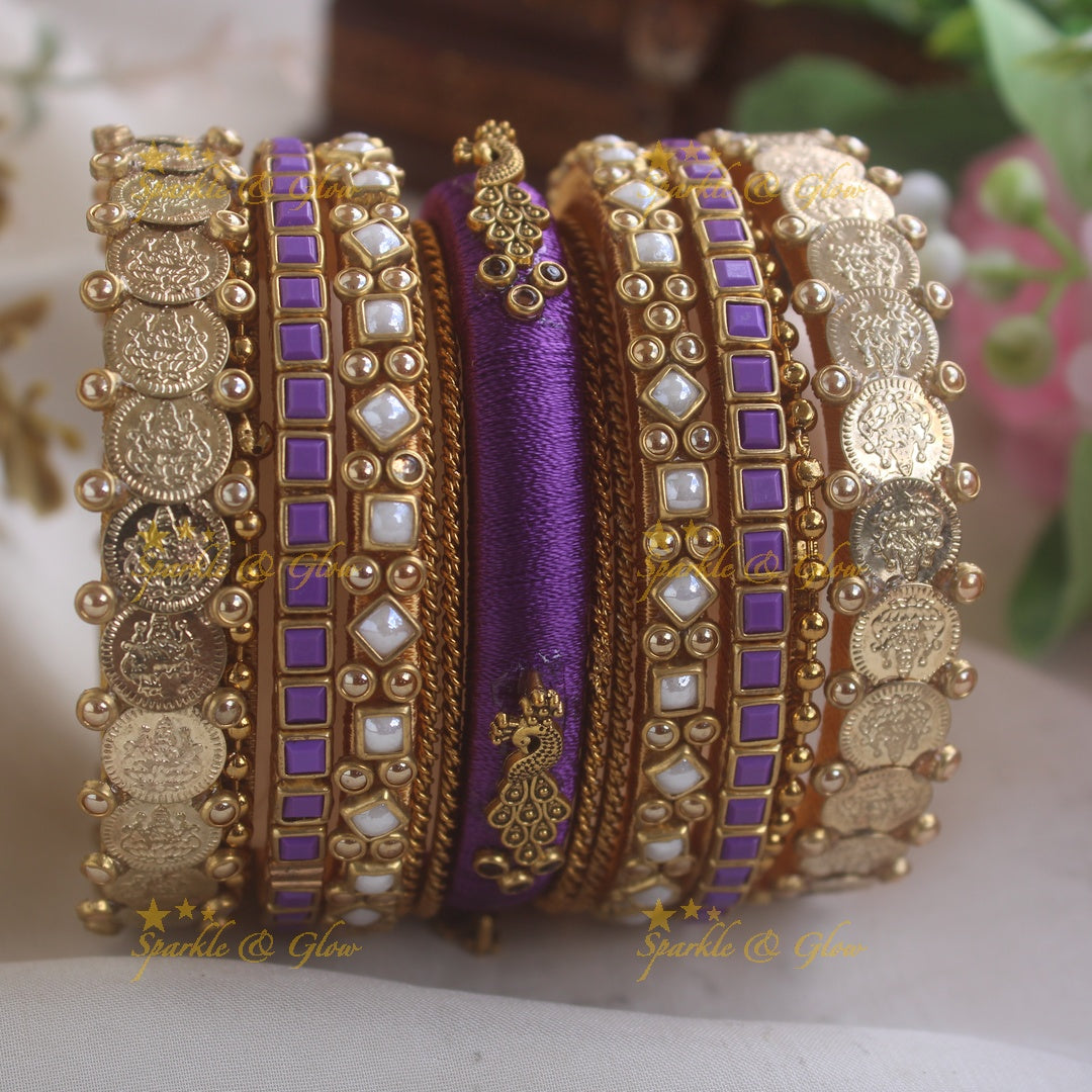 Lakshmi Coin Peacock Square diamond and bubble design Silk Thread Bridal Bangles