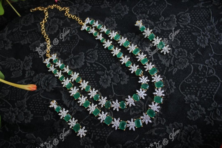 Premium quality white stone two layer non idol necklace set - Pink - Sparkle and Glow - Emerald - Back Thread