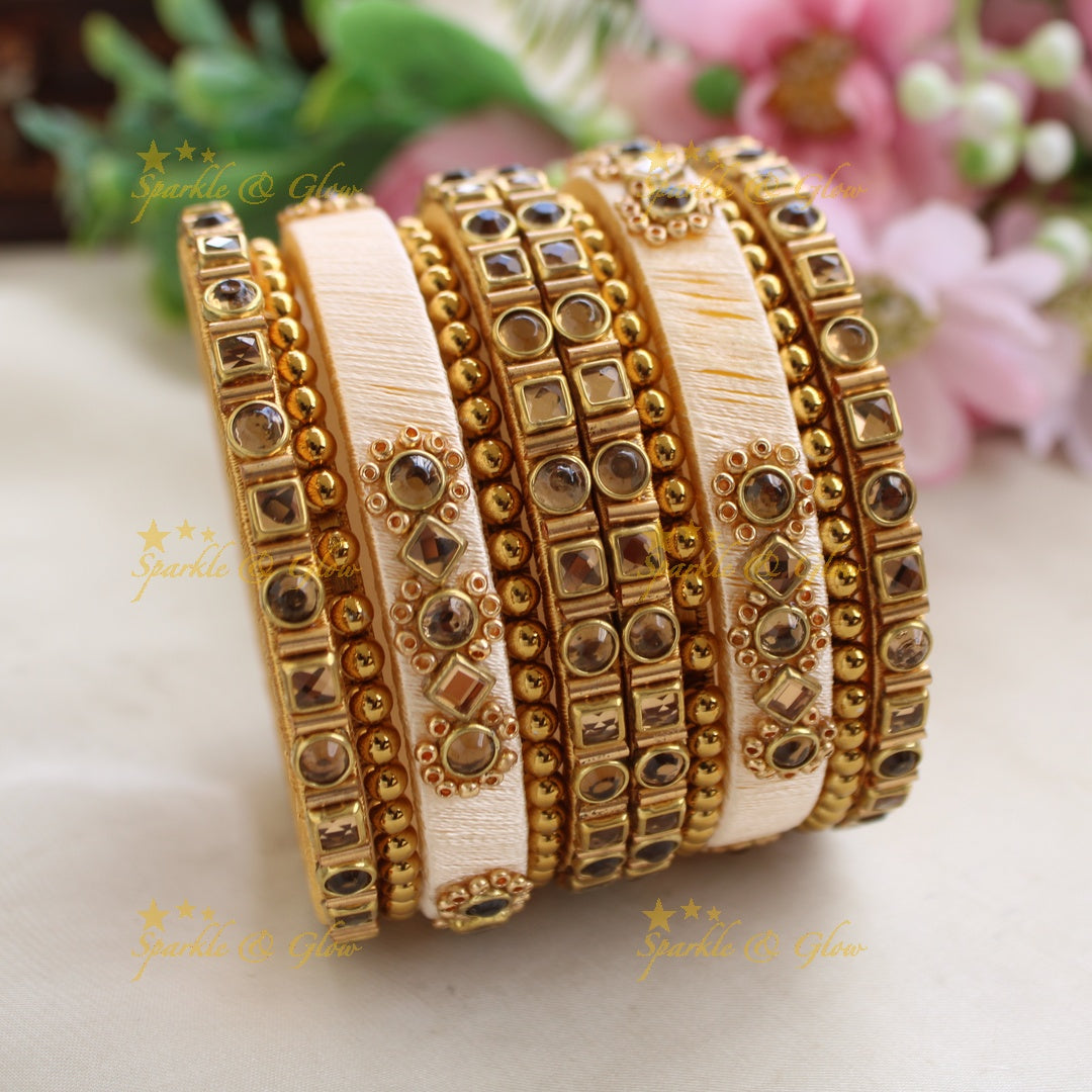 Elegant Floral Square and bubble design Silk Thread Bridal Bangles with gold beads