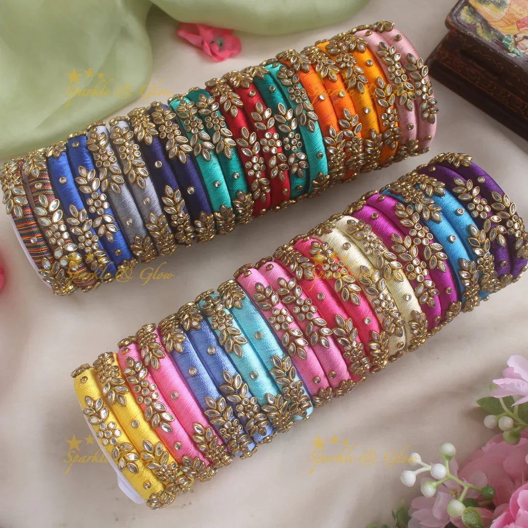 Stunning Floral and leaf design Kundan stone Silk Thread Bangles - Sparkle and Glow