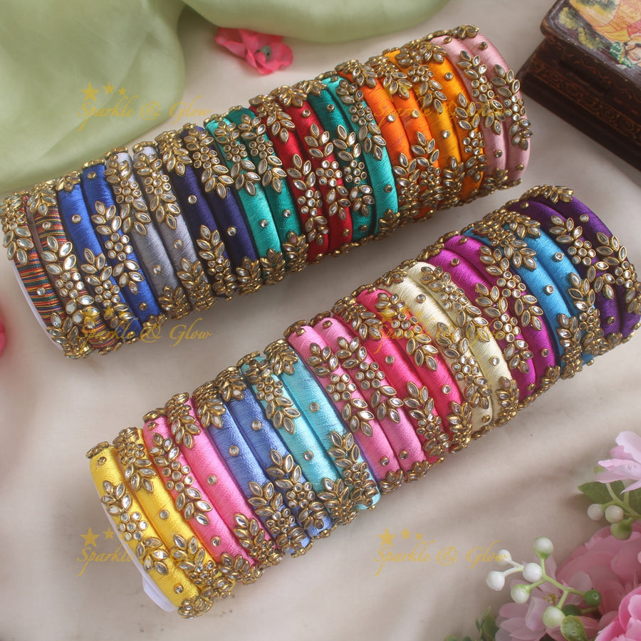 Floral Leaf Kundan Stone Silk Thread Bangles