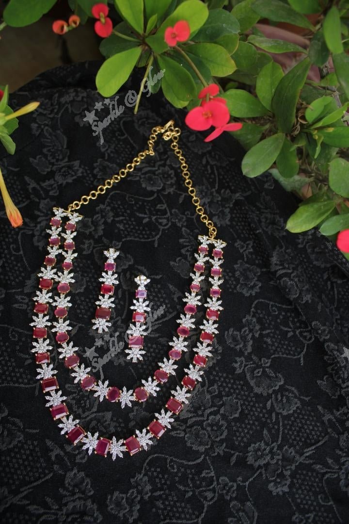 Premium quality white stone two layer non idol necklace set - Pink - Sparkle and Glow - Emerald - Back Thread