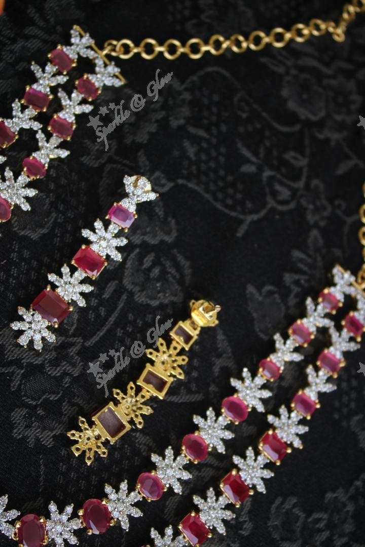 Premium quality white stone two layer non idol necklace set - Pink - Sparkle and Glow - Emerald - Back Thread