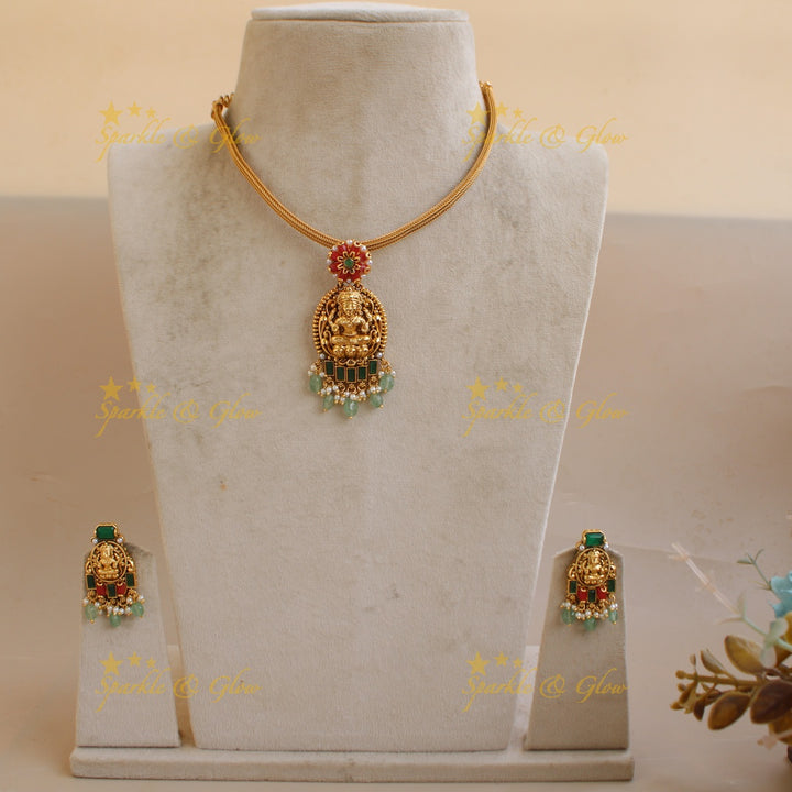 Gold alike Lakshmi floral design pendant Chain with coral emerald and mint green beads