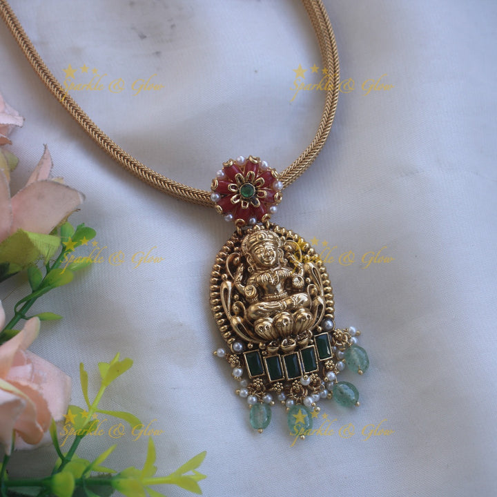 Gold alike Lakshmi floral design pendant Chain with coral emerald and mint green beads