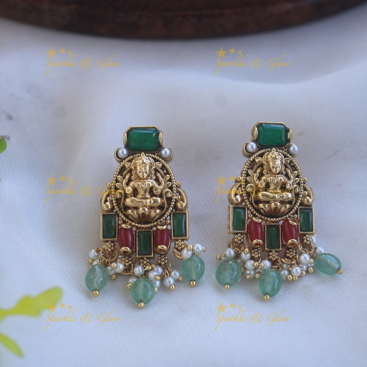Gold alike Lakshmi floral design pendant Chain with coral emerald and mint green beads