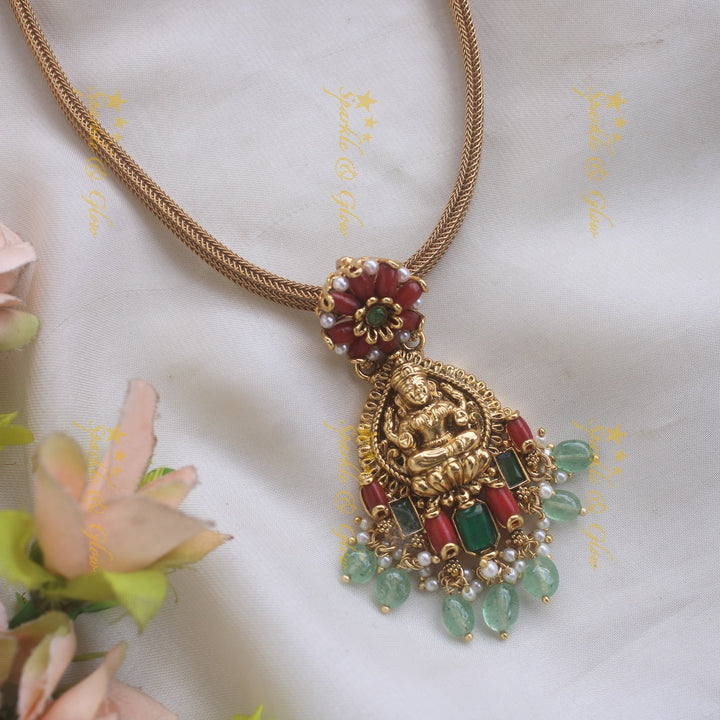 Statement Lakshmi floral design pendant Chain with coral emerald and mint green beads