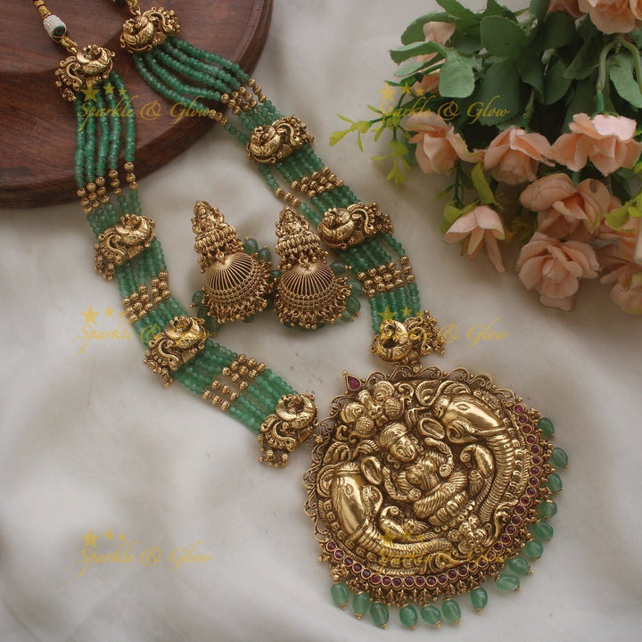 Grand Lakshmi elephant peacock carved pendant haram with ruby and multi layer mint green beads chain - Sparkle and Glow - Maroon - Back Thread