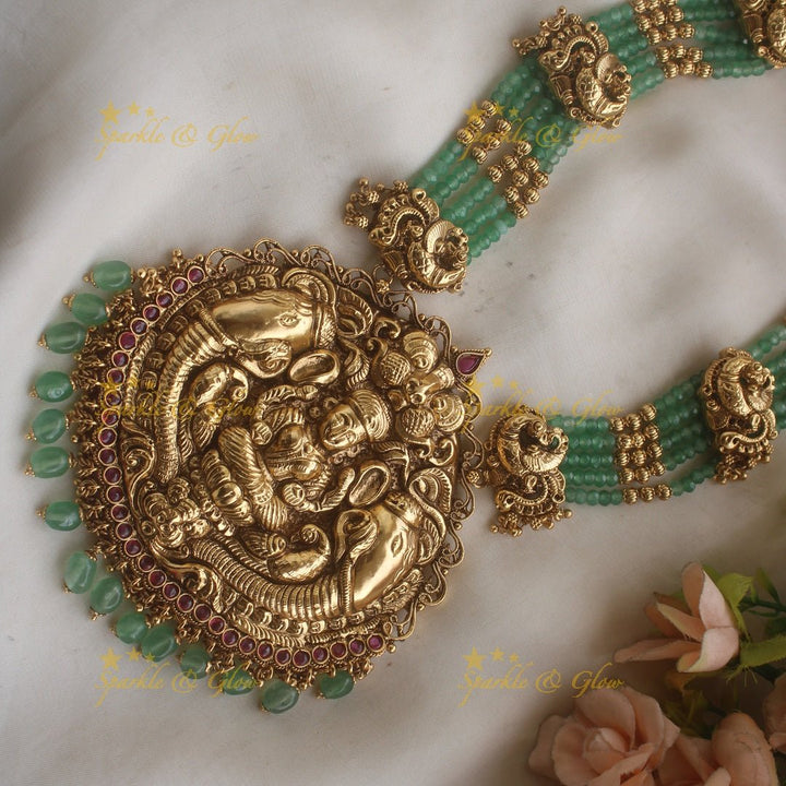 Grand Lakshmi elephant peacock carved pendant haram with ruby and multi layer mint green beads chain - Sparkle and Glow - Mintgreen - Back Thread