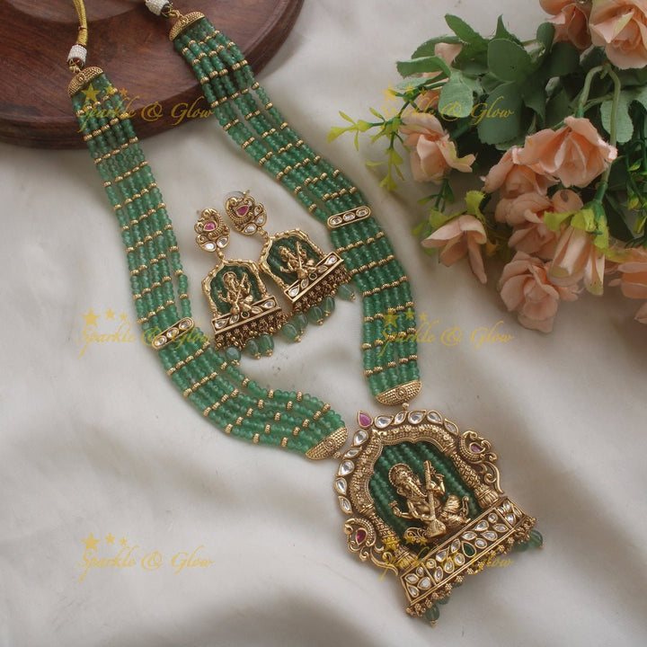 Exclusive Ganesha carved pendant haram with kundan stones and multi layer mint green beads chain - Sparkle and Glow - Back Thread - 