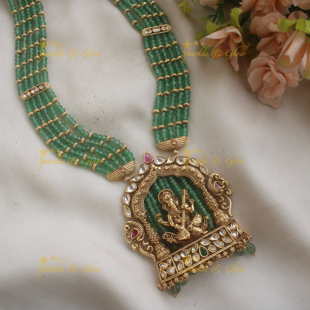 Exclusive Ganesha carved pendant haram with kundan stones and multi layer mint green beads chain - Sparkle and Glow - Back Thread - 