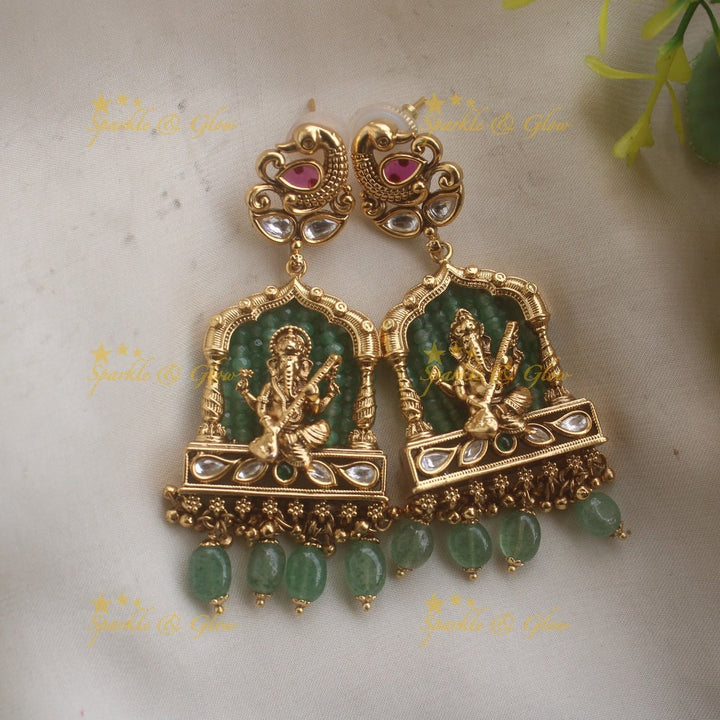 Exclusive Ganesha carved pendant haram with kundan stones and multi layer mint green beads chain - Sparkle and Glow - Back Thread - 