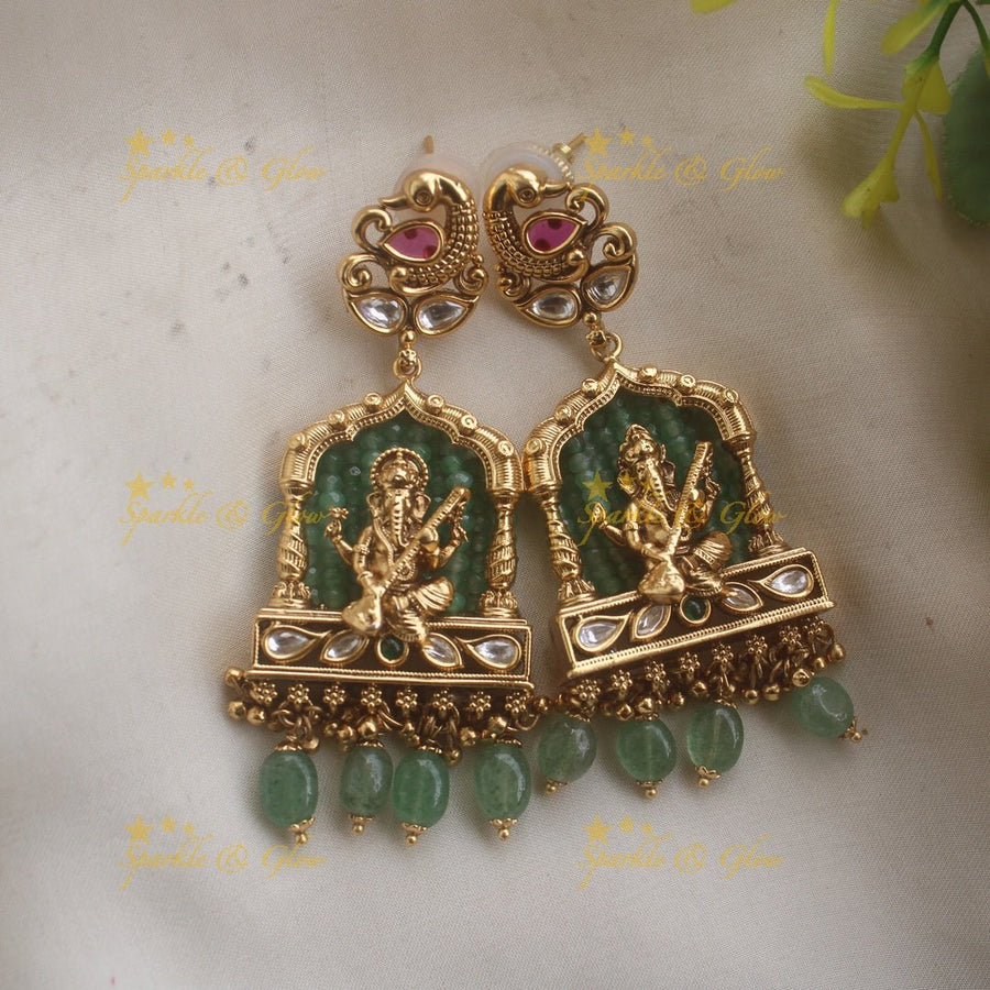 Exclusive Ganesha carved pendant haram with kundan stones and multi layer mint green beads chain - Sparkle and Glow - Back Thread - 