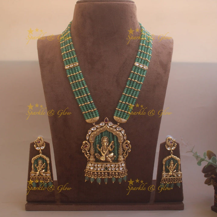 Exclusive Ganesha carved pendant haram with kundan stones and multi layer mint green beads chain - Sparkle and Glow - Back Thread - 