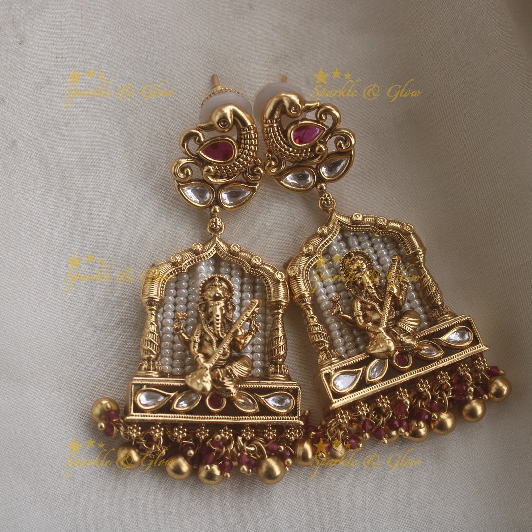 Exclusive Ganesha carved pendant haram with kundan stones and multi layer pearl and pink beads chain