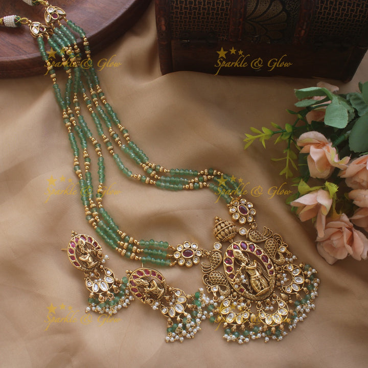 Idol Flute Krishna Floral carved Three Layered Mint green Beaded Haram with Pearl drops