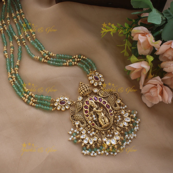 Idol Flute Krishna Floral carved Three Layered Mint green Beaded Haram with Pearl drops