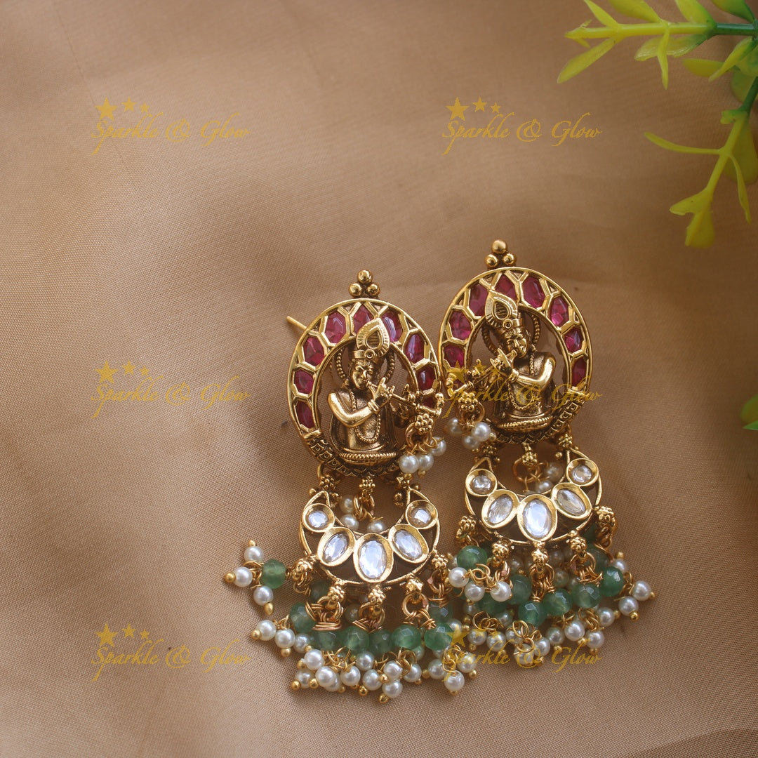 Idol Flute Krishna Floral carved Three Layered Mint green Beaded Haram with Pearl drops
