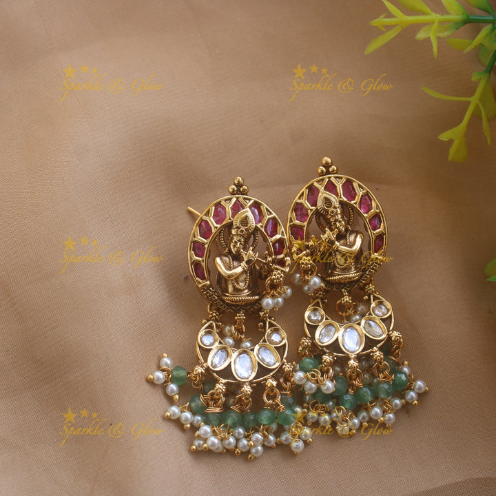 Idol Flute Krishna Floral carved Three Layered Mint green Beaded Haram with Pearl drops