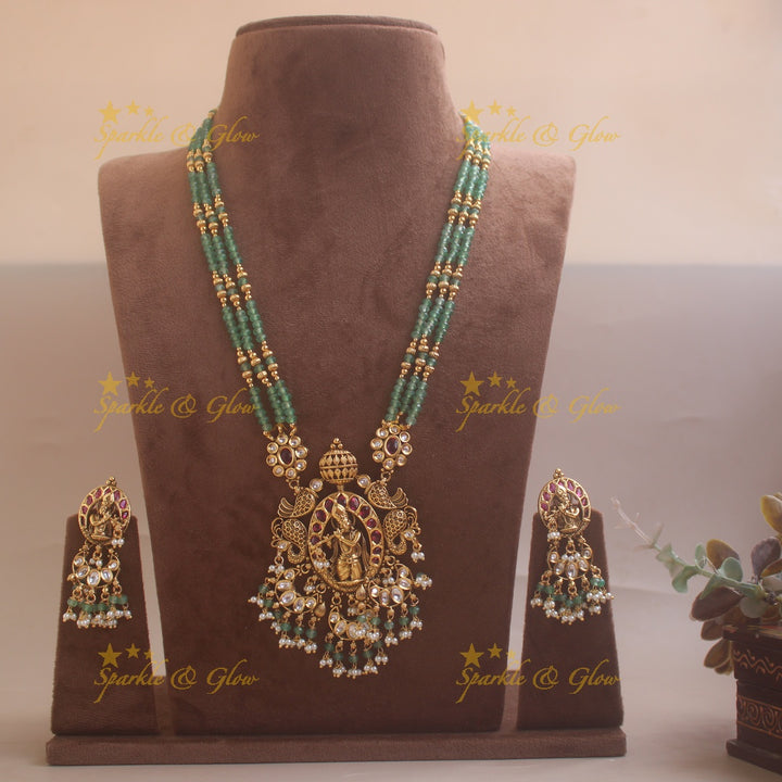 Idol Flute Krishna Floral carved Three Layered Mint green Beaded Haram with Pearl drops