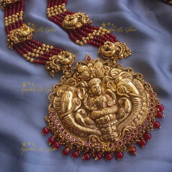 Grand Lakshmi elephant peacock carved pendant haram with ruby and multi layer mint green beads chain - Sparkle and Glow - Maroon - Back Thread