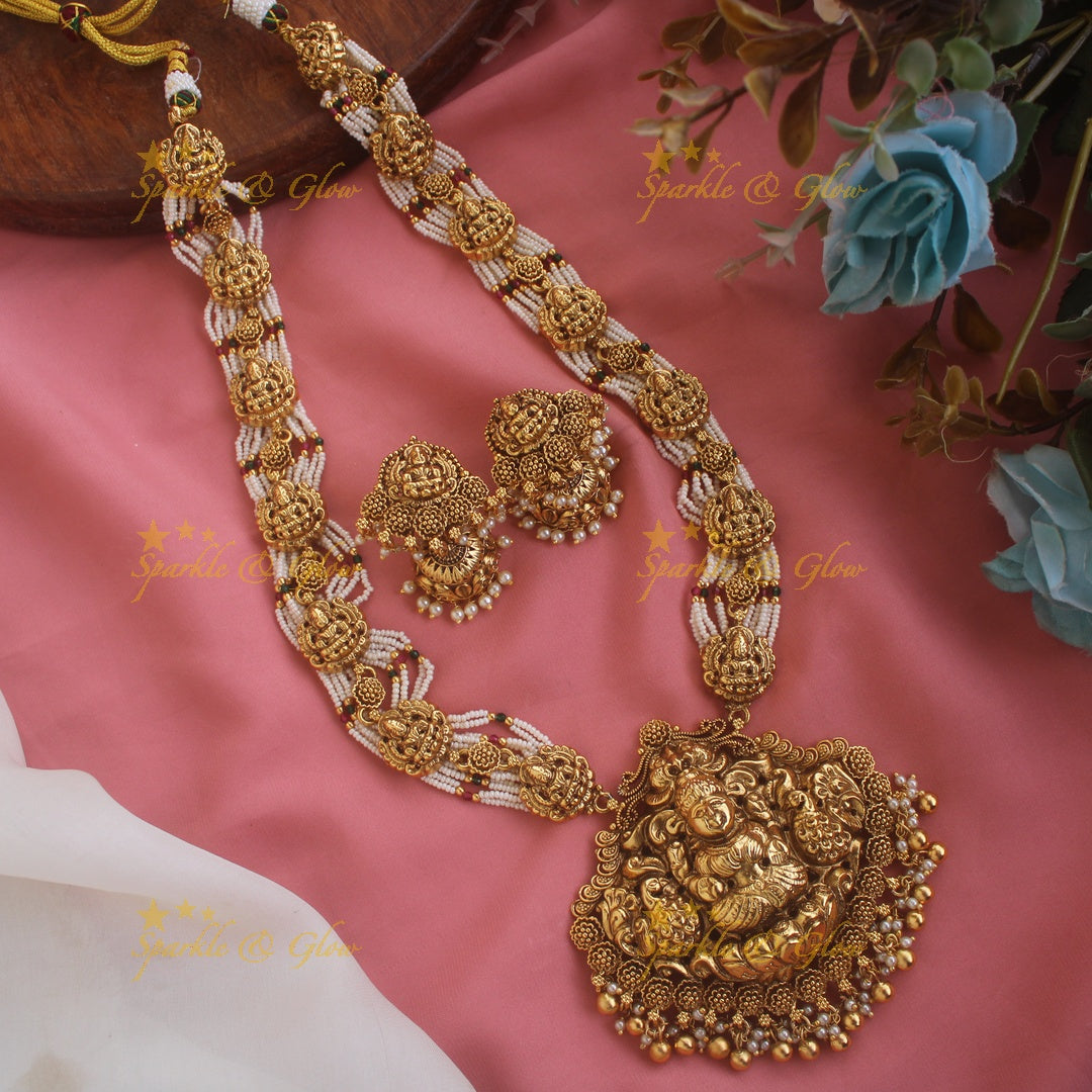 Idol Lakshmi Peacock carved pendant haram with Multi layered Pearl chain