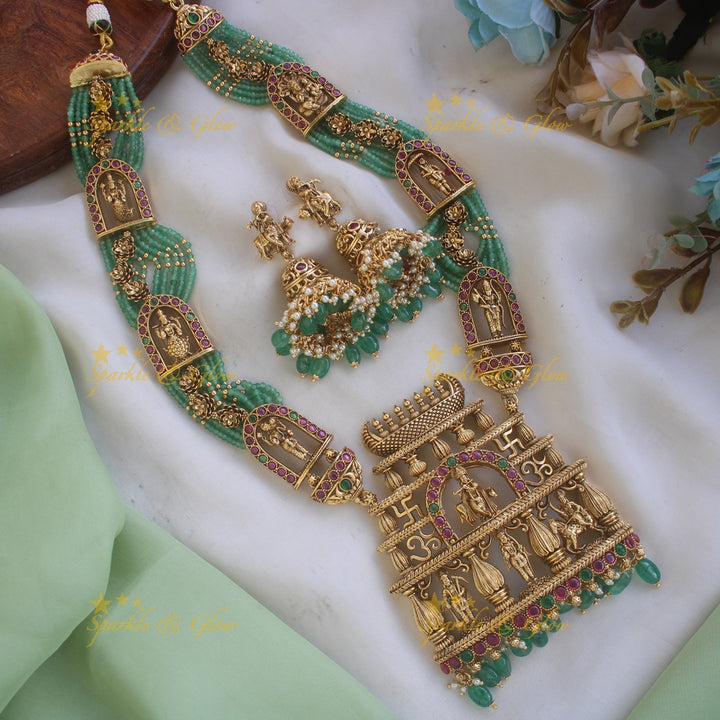 Grand Krishna Temple design pendant haram with multi layered mintgreen beads chain