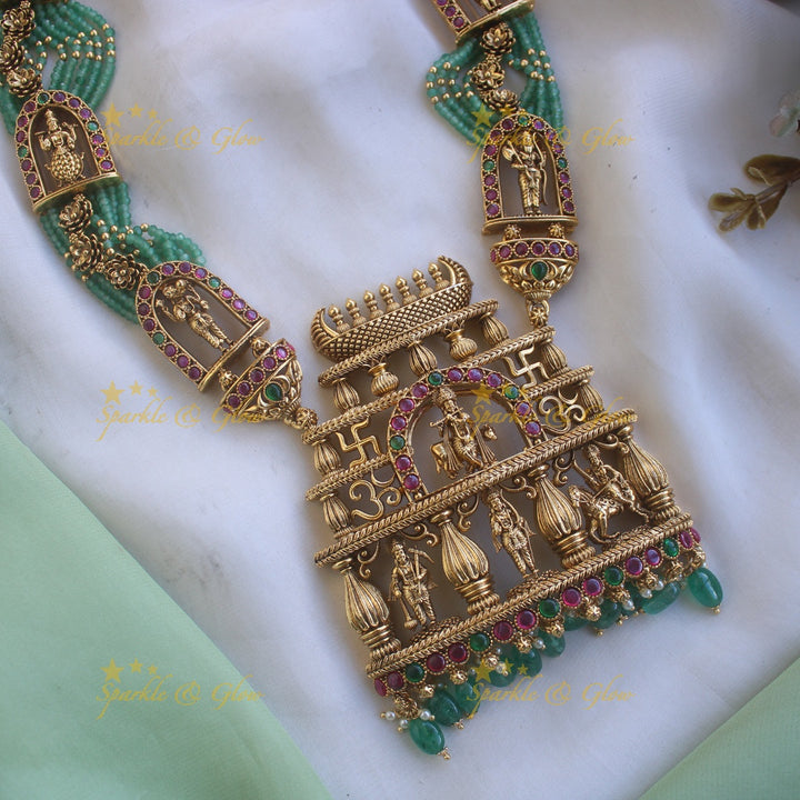 Grand Krishna Temple design pendant haram with multi layered mintgreen beads chain