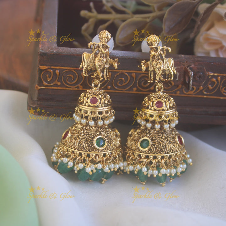 Grand Krishna Temple design pendant haram with multi layered mintgreen beads chain