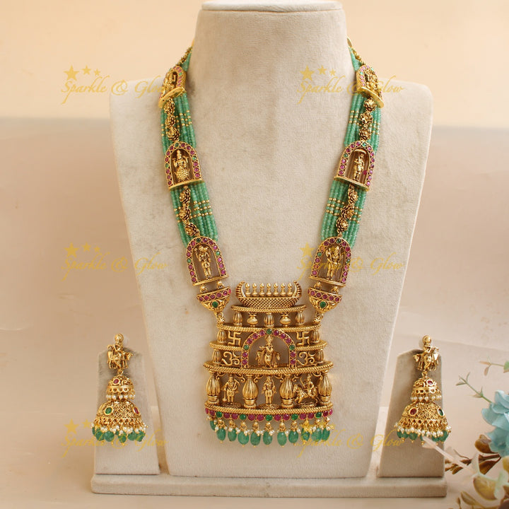 Grand Krishna Temple design pendant haram with multi layered mintgreen beads chain
