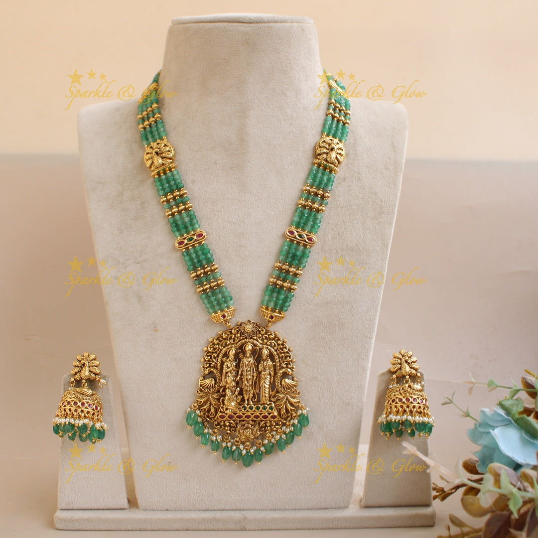 Gorgeous Rama Parivar carved pendant haram with multi layered mint green beads chain - Multi