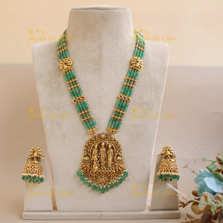 Gorgeous Rama Parivar carved pendant haram with multi layered mint green beads chain - Multi