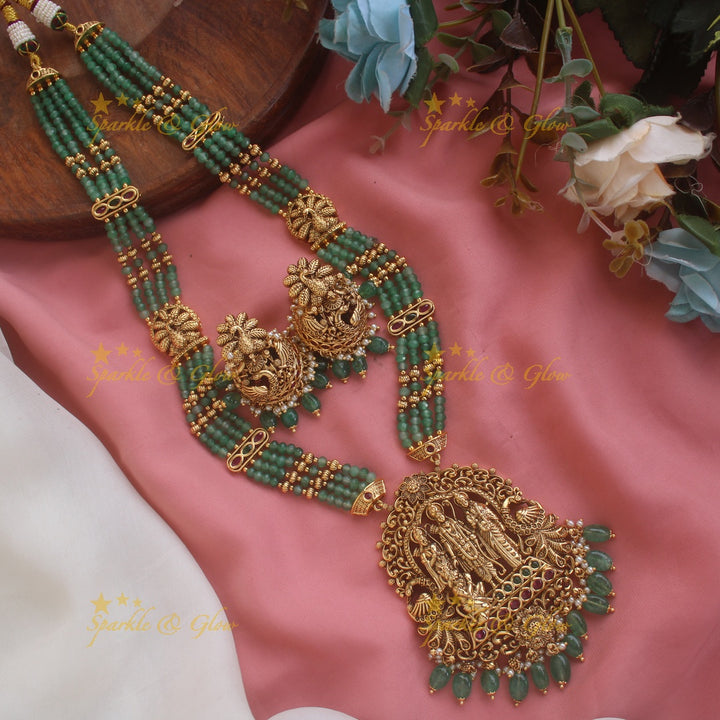 Gorgeous Rama Parivar carved pendant haram with multi layered mint green beads chain - Multi