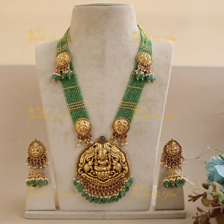 Grand Nagas Elephant carved pendant haram with multi layered mint green beads chain
