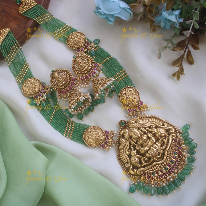Grand Nagas Elephant carved pendant haram with multi layered mint green beads chain
