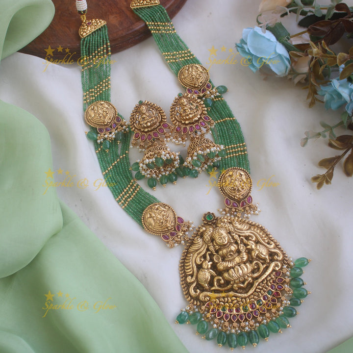 Grand Nagas Elephant carved pendant haram with multi layered mint green beads chain