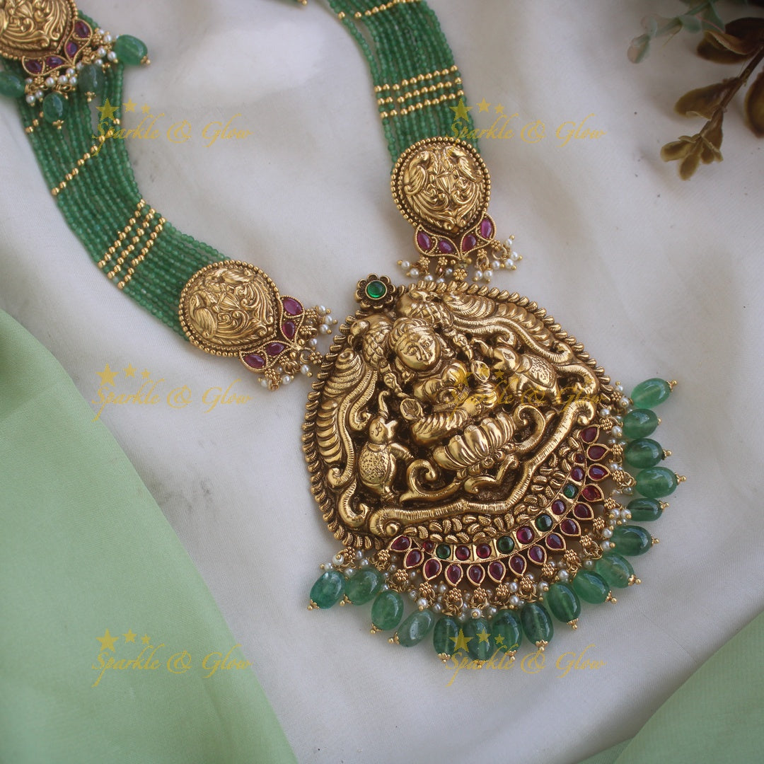 Grand Nagas Elephant carved pendant haram with multi layered mint green beads chain