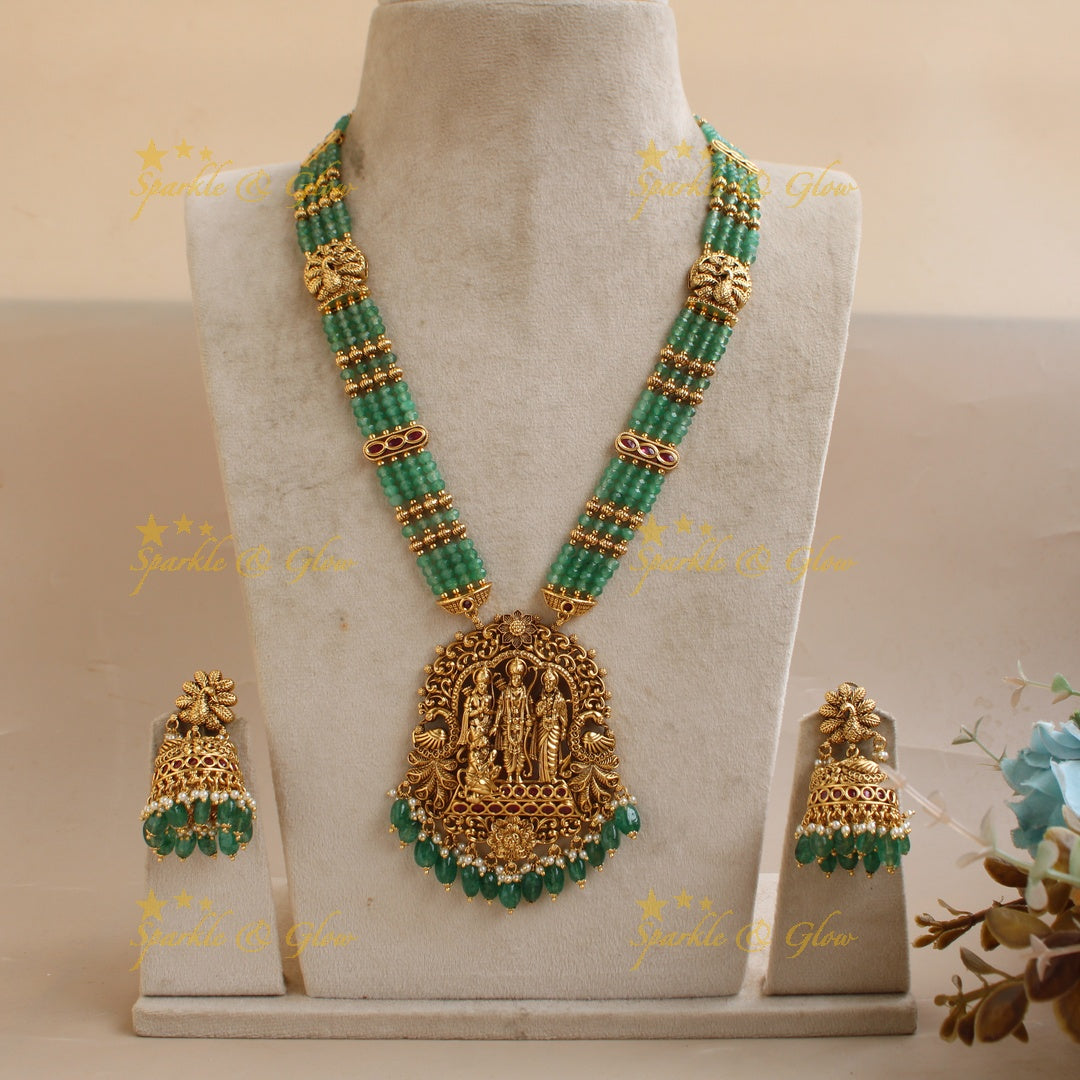 Gorgeous Bridal Procession carved pendant haram with multi layered Rubypearl chain with green beads