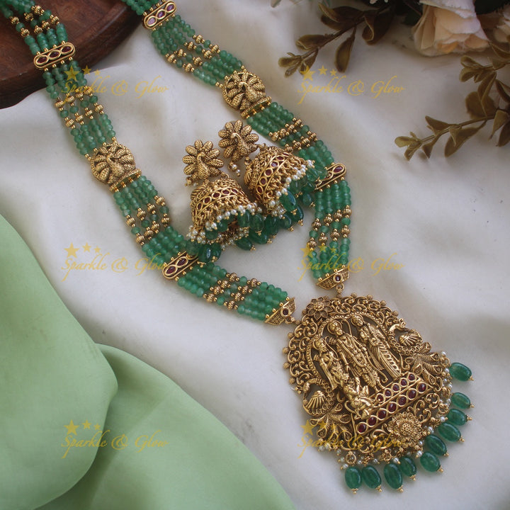 Gorgeous Rama Parivar carved pendant haram with multi layered mint green beads chain - Red