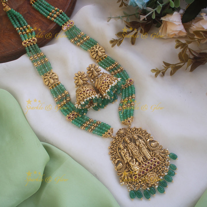 Gorgeous Rama Parivar carved pendant haram with multi layered mint green beads chain - Red