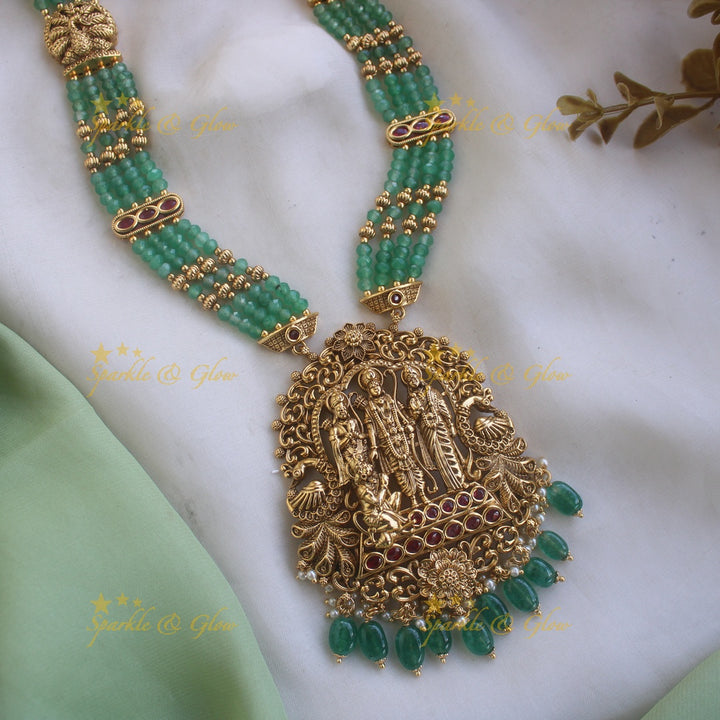 Gorgeous Rama Parivar carved pendant haram with multi layered mint green beads chain - Red