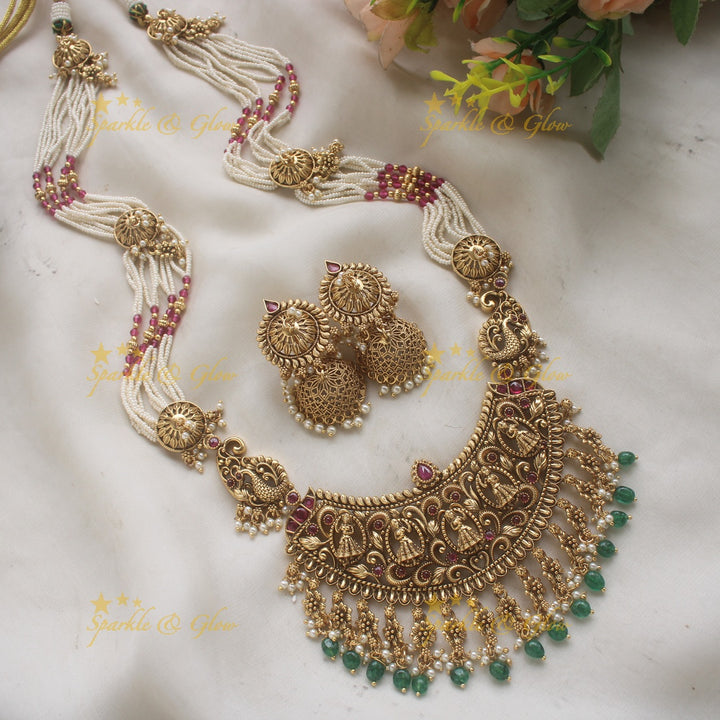 Gorgeous Bridal Procession carved pendant haram with multi layered Rubypearl chain with green beads