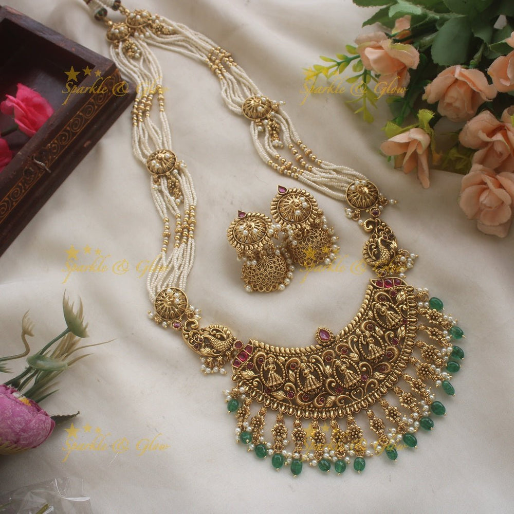 Gorgeous Bridal Procession carved pendant haram with multi layered pearl chain with green beads - Sparkle and Glow - Back Thread - 