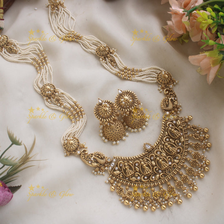 Gorgeous Bridal Procession carved pendant haram with multi layered pearl chain with gold beads