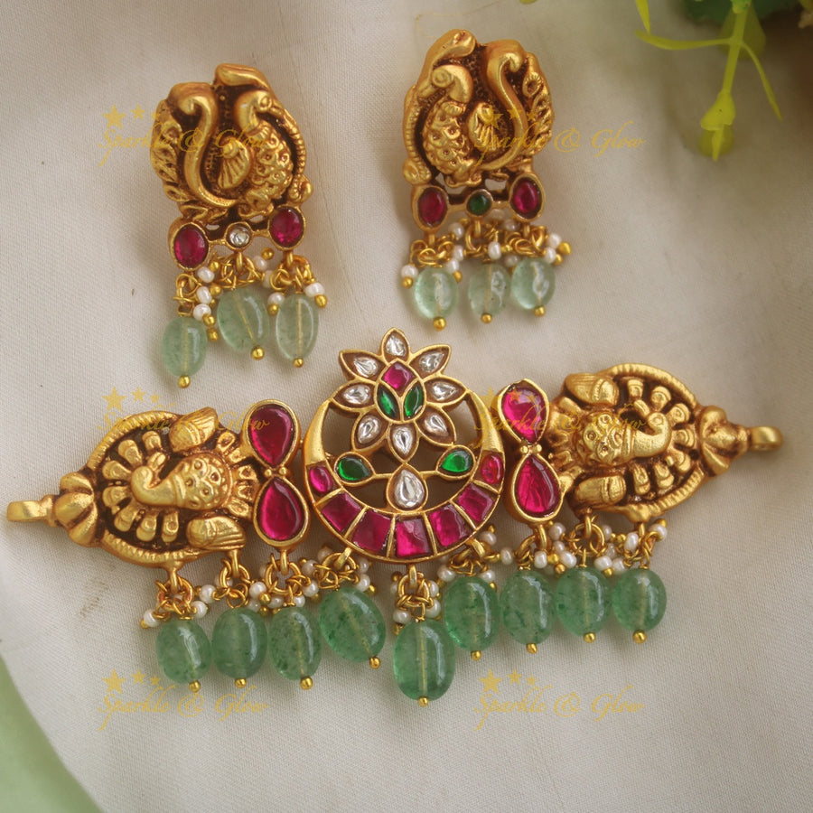 Elegant Peacock Moon Floral Carved Jadau Choker with Mint green beads - Sparkle and Glow