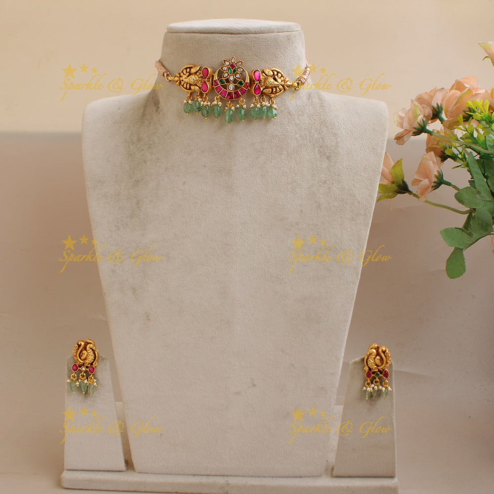Elegant Peacock Moon Floral Carved Jadau Choker with Mint green beads - Sparkle and Glow