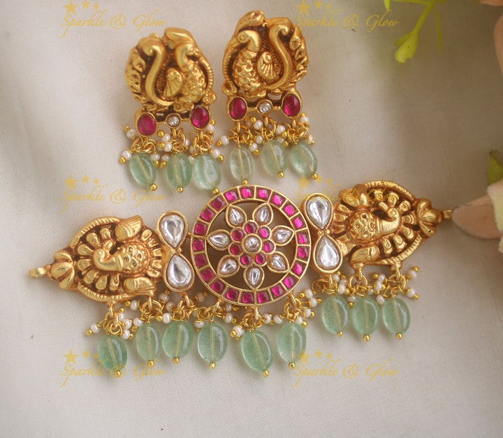 Stunning Peacock Infinity symbol design Floral Jadau Choker with Mint green beads