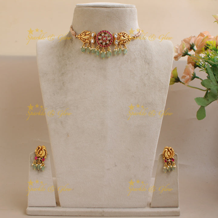 Stunning Peacock Infinity symbol design Floral Jadau Choker with Mint green beads