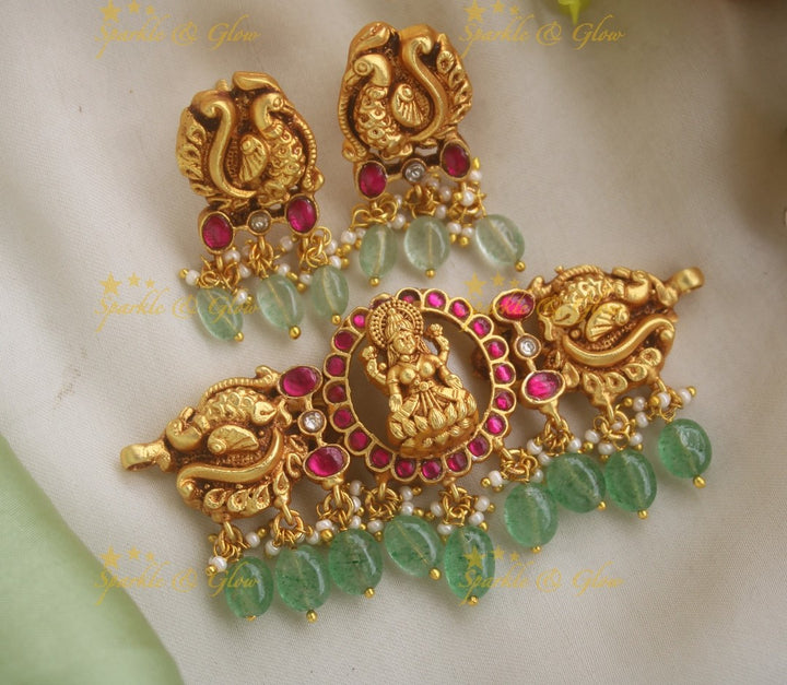 Stunning Lakshmi Peacock Carved Jadau Choker with Mint green beads